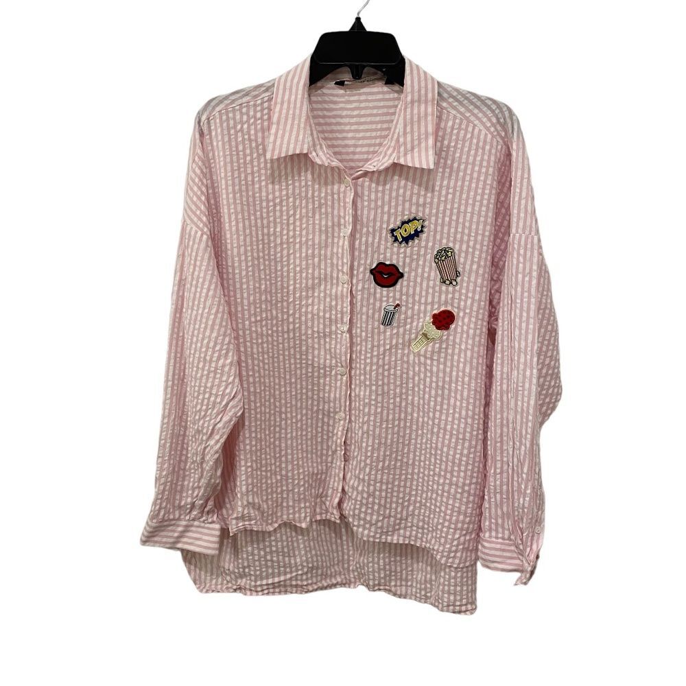 Zara Basic Pink White Striped Seersucker Patch High Low Button Down Shirt XL
